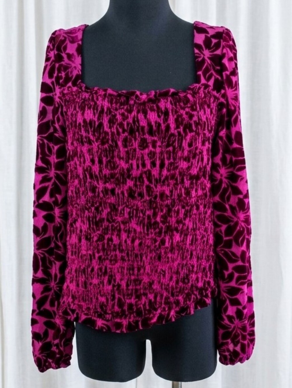 torrid Fuchsia Velvet Burnout Smocked Long Sleeve Top